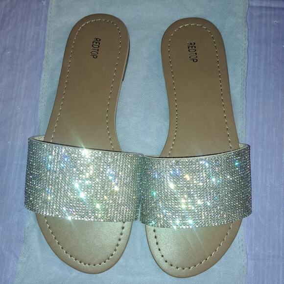 Women's Size 6 Rhinestone Flat Open Toe Sparkle Slide Sandals - Picture 8 of 9